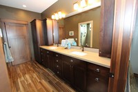 Thumb vanity  craftsman style  hard maple  dark color  recessed panel  double sink  towers  toppers  linen  full overlay