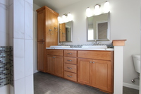 Thumb vanity  shaker style  beech  light color  recessed panel  linen cabinet  double sinks   39 crown  standard overlay