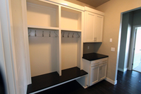 Thumb laundry or utility  contemporary style  painted  recessed panel  cubbies  coat rack and hooks  bench seat open below  drop off station  mud room  square crown